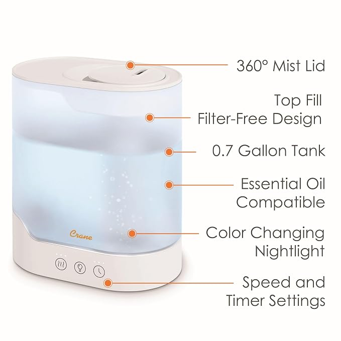 0.7 Gallon Top Fill Cool Mist Humidifier and Aroma Diffuser, with Color-Changing Night Light and Aroma Diffuser Function
