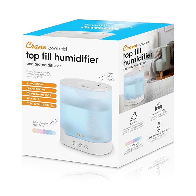 0.7 Gallon Top Fill Cool Mist Humidifier and Aroma Diffuser, with Color-Changing Night Light and Aroma Diffuser Function