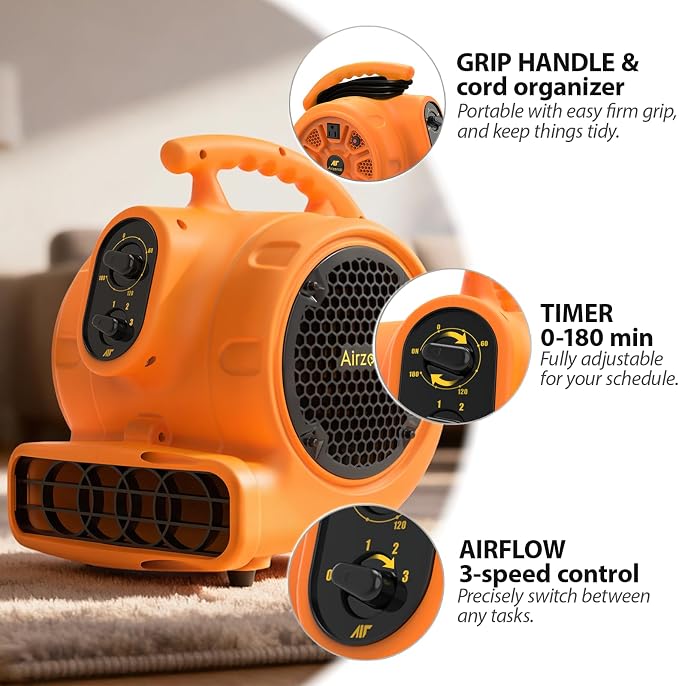 1/4 HP 1100 CFM Air Mover Blower Fan, Carpet Drying Fan, 3-Speed Stackable Utility Blower Heavy Duty High Velocity Industrial