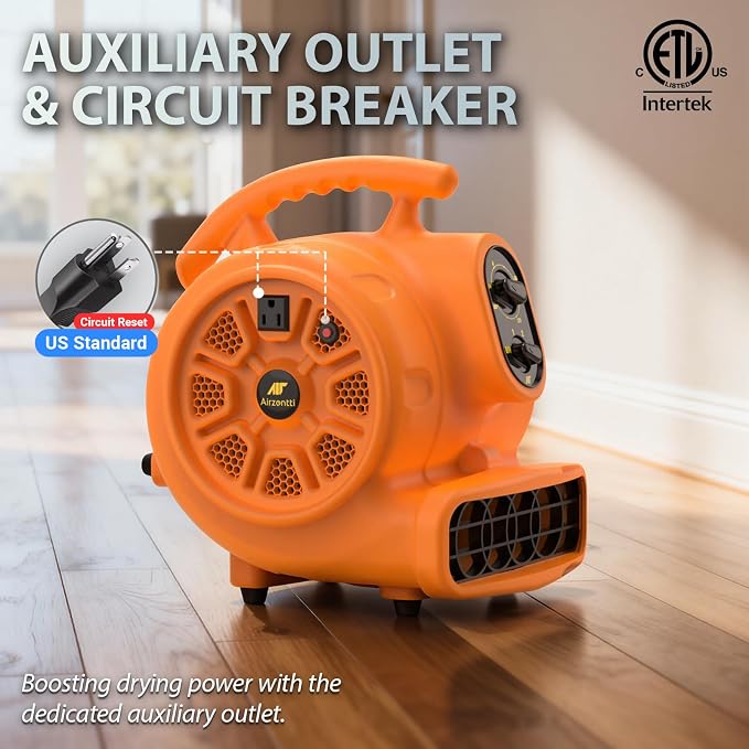 1/4 HP 1100 CFM Air Mover Blower Fan, Carpet Drying Fan, 3-Speed Stackable Utility Blower Heavy Duty High Velocity Industrial