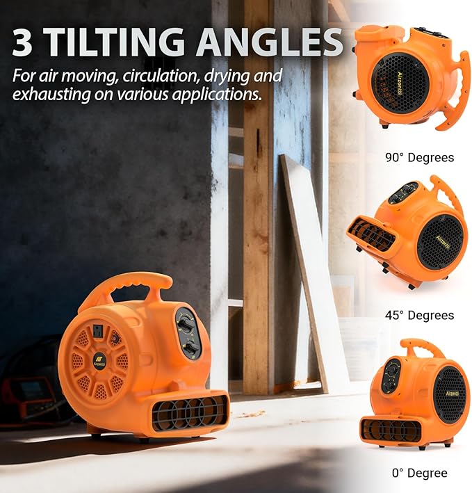 1/4 HP 1100 CFM Air Mover Blower Fan, Carpet Drying Fan, 3-Speed Stackable Utility Blower Heavy Duty High Velocity Industrial