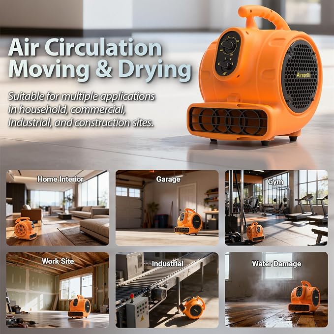 1/4 HP 1100 CFM Air Mover Blower Fan, Carpet Drying Fan, 3-Speed Stackable Utility Blower Heavy Duty High Velocity Industrial