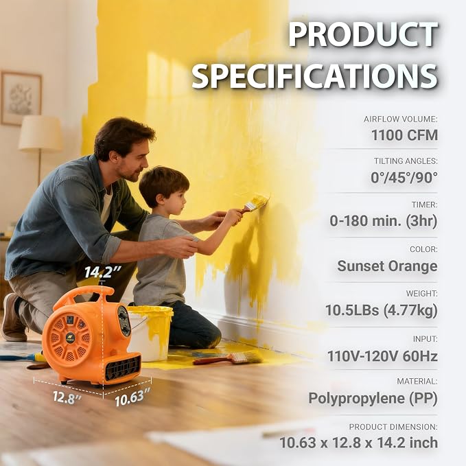 1/4 HP 1100 CFM Air Mover Blower Fan, Carpet Drying Fan, 3-Speed Stackable Utility Blower Heavy Duty High Velocity Industrial
