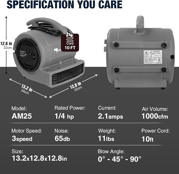 1/4hp 1000CFM 2 Speed Air Mover Carpet Dryer Floor Fan Cooling Fan (Grey), alternate product view 2