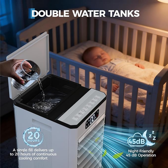1.85 GAL Swamp Cooler with Touch & Remote Control, 3 Modes & 3 Speeds, 3-in-1 Evaporative Air Cooler with 90°+90°