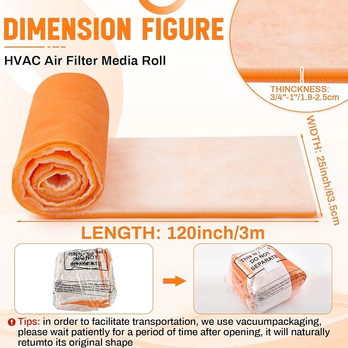 1 In x 25 In x 10 Ft Air Vent Filters Roll DIY Cut to Size Air Filter material Roll Orange and White Polyester Air Filter
