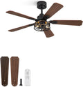 1 Pack 42 Inch Rustic Caged Ceiling Fan with Lights, Black Farmhouse Ceiling Fans for Bedroom Living Room, Double-Sided 5