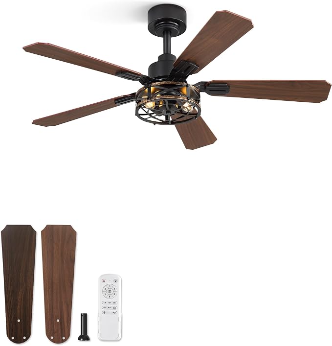 1 Pack 42 Inch Rustic Caged Ceiling Fan with Lights, Black Farmhouse Ceiling Fans for Bedroom Living Room, Double-Sided 5