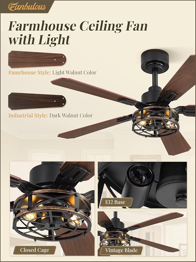 1 Pack 42 Inch Rustic Caged Ceiling Fan with Lights, Black Farmhouse Ceiling Fans for Bedroom Living Room, Double-Sided 5