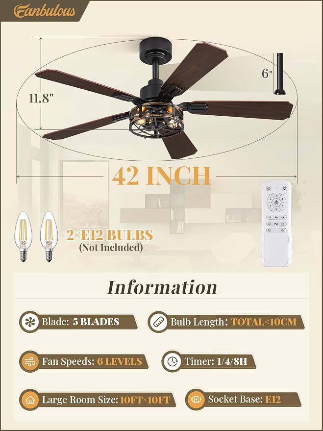 1 Pack 42 Inch Rustic Caged Ceiling Fan with Lights, Black Farmhouse Ceiling Fans for Bedroom Living Room, Double-Sided 5