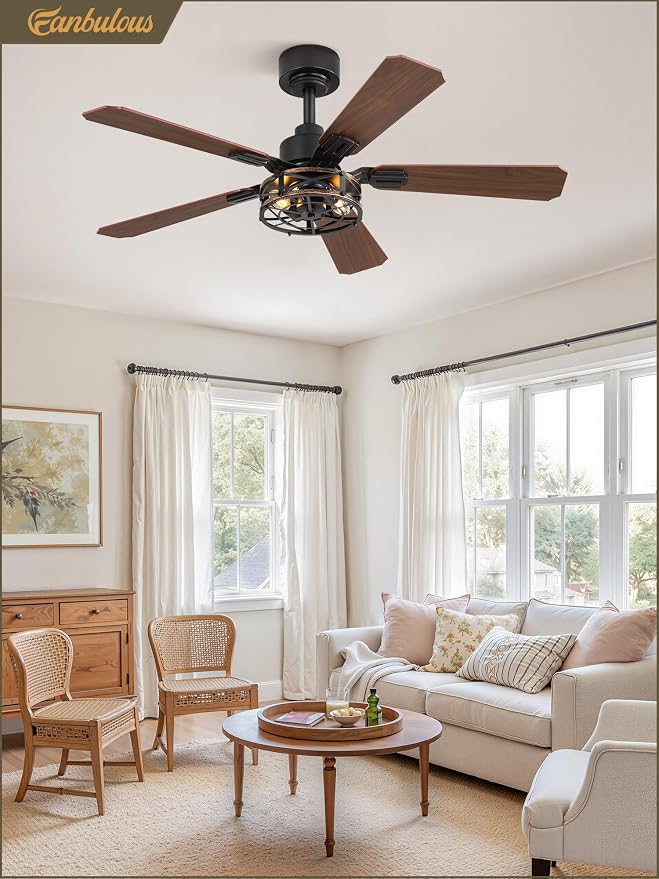 1 Pack 42 Inch Rustic Caged Ceiling Fan with Lights, Black Farmhouse Ceiling Fans for Bedroom Living Room, Double-Sided 5