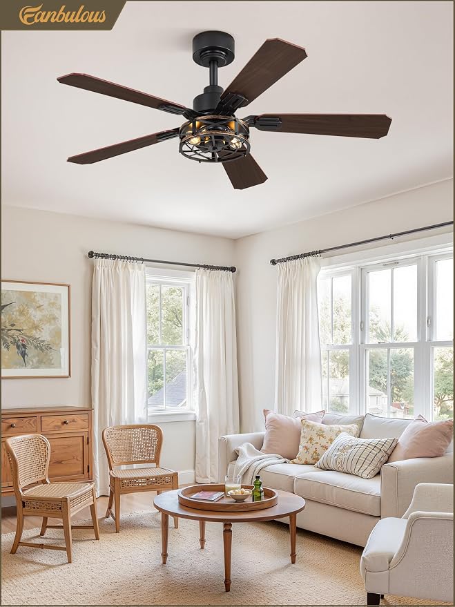 1 Pack 42 Inch Rustic Caged Ceiling Fan with Lights, Black Farmhouse Ceiling Fans for Bedroom Living Room, Double-Sided 5