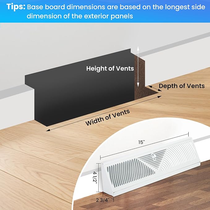 1 Pack Baseboard Register Vent 15 Inch - RoundFlow Design for Maximum Air Flow - Smooth-Glide Air Adjust Lever - Heavy Duty