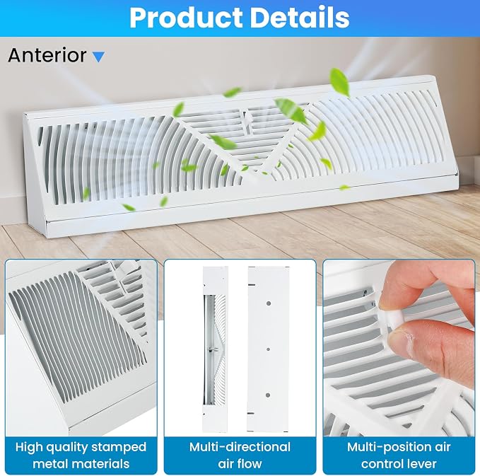 1 Pack Baseboard Register Vent 15 Inch - RoundFlow Design for Maximum Air Flow - Smooth-Glide Air Adjust Lever - Heavy Duty