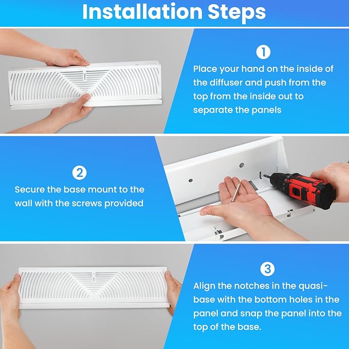 1 Pack Baseboard Register Vent 15 Inch - RoundFlow Design for Maximum Air Flow - Smooth-Glide Air Adjust Lever - Heavy Duty