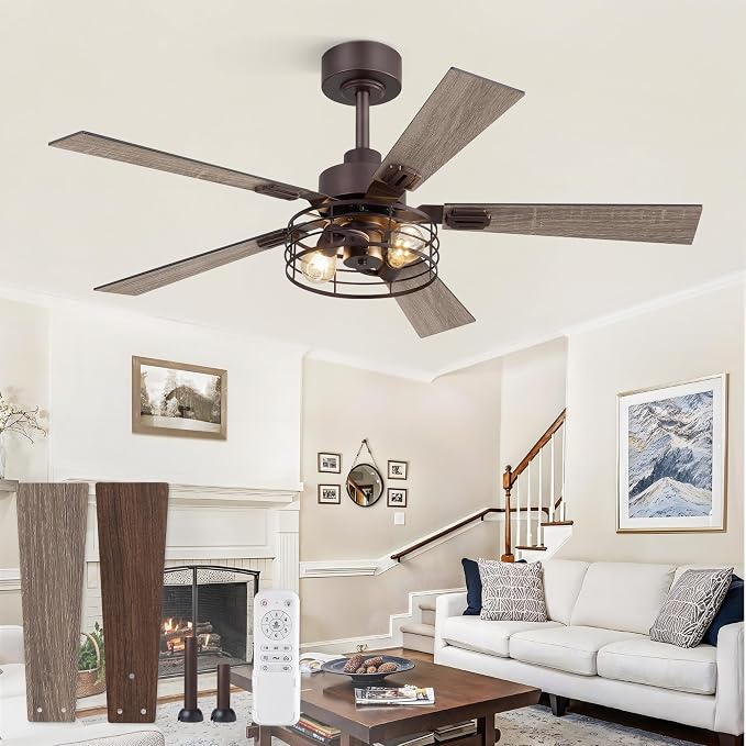 1 Pack Farmhouse 48 Inch Ceiling Fans with Lights, Industrial Caged Ceiling Fans for Bedroom Living Room, Double-Sided 5