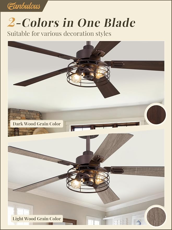 1 Pack Farmhouse 48 Inch Ceiling Fans with Lights, Industrial Caged Ceiling Fans for Bedroom Living Room, Double-Sided 5