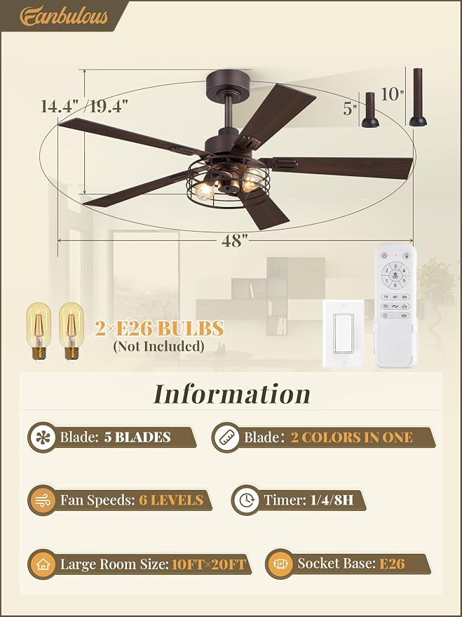 1 Pack Farmhouse 48 Inch Ceiling Fans with Lights, Industrial Caged Ceiling Fans for Bedroom Living Room, Double-Sided 5