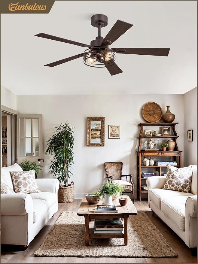 1 Pack Farmhouse 48 Inch Ceiling Fans with Lights, Industrial Caged Ceiling Fans for Bedroom Living Room, Double-Sided 5