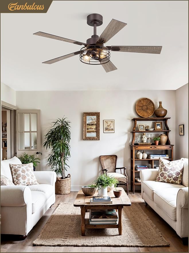1 Pack Farmhouse 48 Inch Ceiling Fans with Lights, Industrial Caged Ceiling Fans for Bedroom Living Room, Double-Sided 5