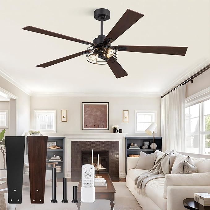 1 Pack Farmhouse 60 Inch Ceiling Fans with Lights, Black Industrial Caged Ceiling Fans for Bedroom Living Room, Double-Sided