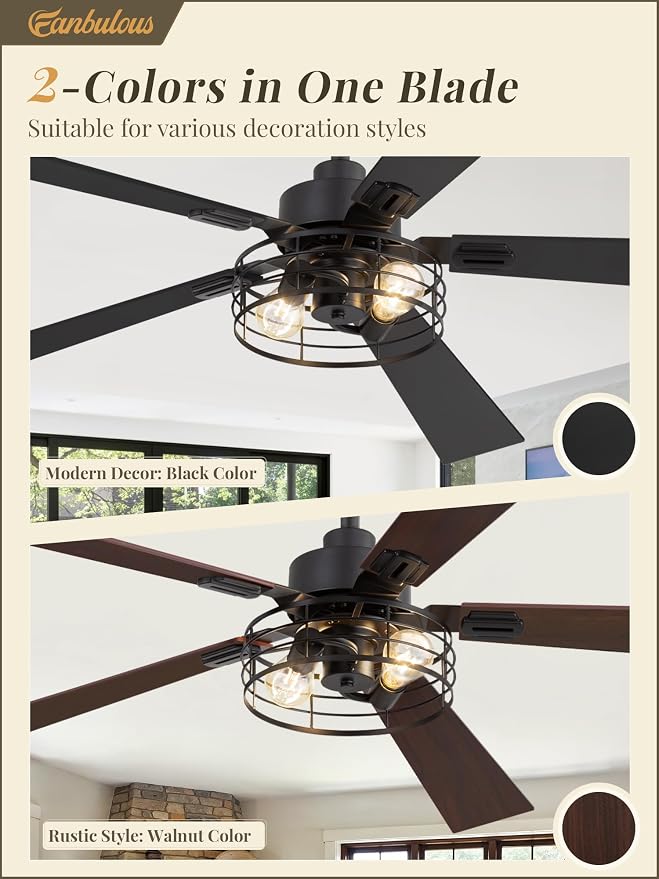 1 Pack Farmhouse 60 Inch Ceiling Fans with Lights, Black Industrial Caged Ceiling Fans for Bedroom Living Room, Double-Sided