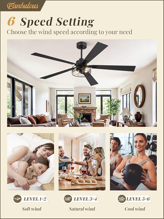 1 Pack Farmhouse 60 Inch Ceiling Fans with Lights, Black Industrial Caged Ceiling Fans for Bedroom Living Room, Double-Sided