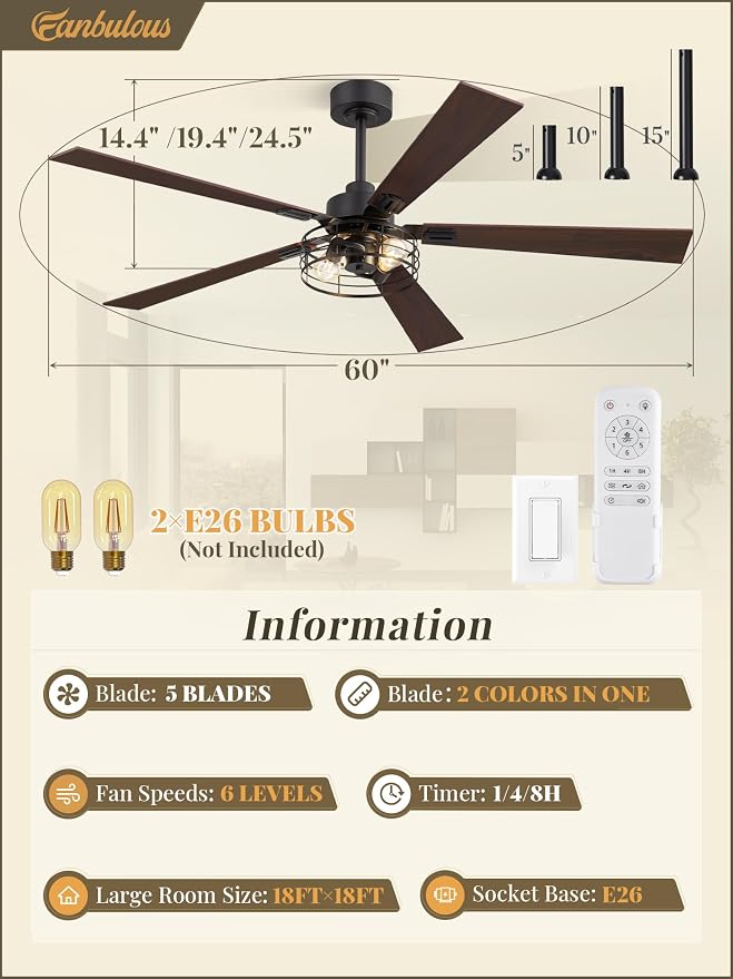 1 Pack Farmhouse 60 Inch Ceiling Fans with Lights, Black Industrial Caged Ceiling Fans for Bedroom Living Room, Double-Sided