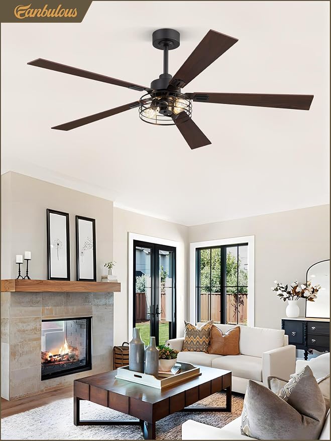 1 Pack Farmhouse 60 Inch Ceiling Fans with Lights, Black Industrial Caged Ceiling Fans for Bedroom Living Room, Double-Sided