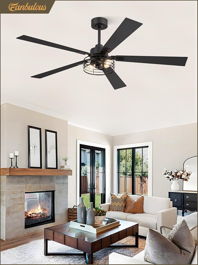 1 Pack Farmhouse 60 Inch Ceiling Fans with Lights, Black Industrial Caged Ceiling Fans for Bedroom Living Room, Double-Sided
