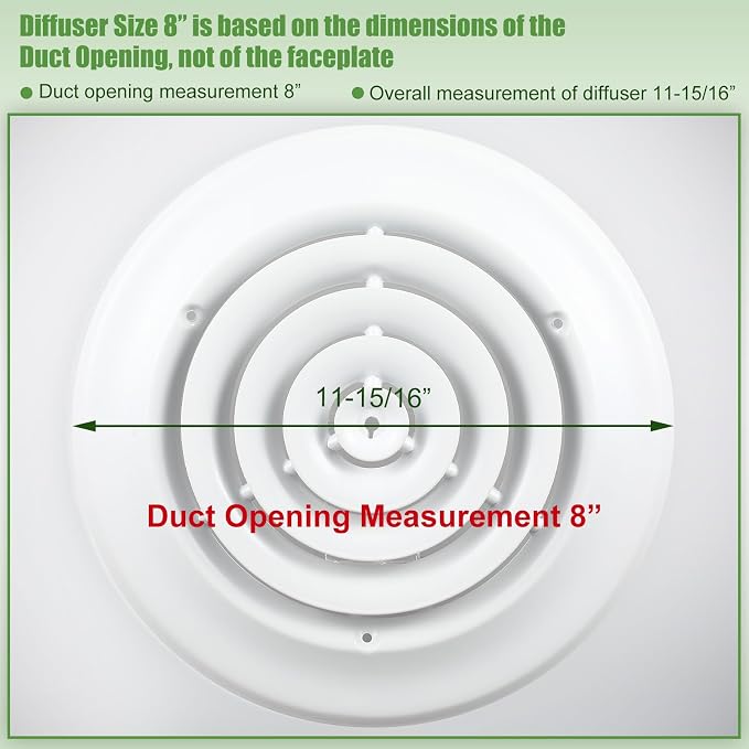 1 Piece 8 Inch Round Diffuser HVAC Round Ceiling Vent Cover Replacement Vent Diffuser with Screws to Install Fitting in Duct