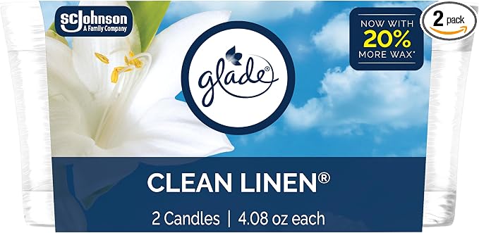 1-Wick Scented Candle Jar, Clean Linen, Air Freshener Infused with Essential Oils, 4.08 Oz, 2 Count 2 Count 4.08 Oz Glass