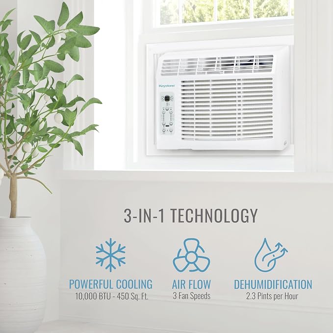 10,000 BTU Compact Window Air Conditioner with Remote Control and Dehumidifier, 115V, Quiet Window AC Units for Spaces up to