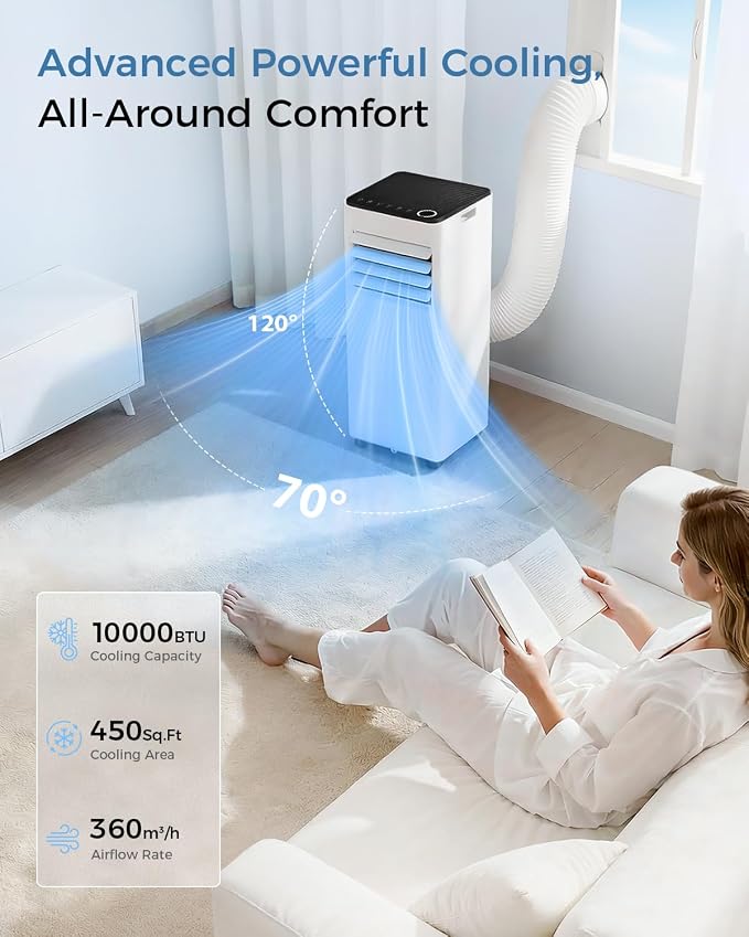 10,000 BTU Portable Air Conditioner - 3-in-1 Portable AC Unit for Rooms Up to 450 Sq. Ft., with Remote Control, Cooling