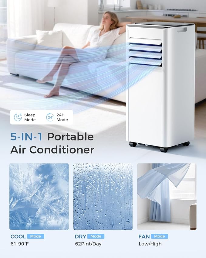 10,000 BTU Portable Air Conditioner - 3-in-1 Portable AC Unit for Rooms Up to 450 Sq. Ft., with Remote Control, Cooling