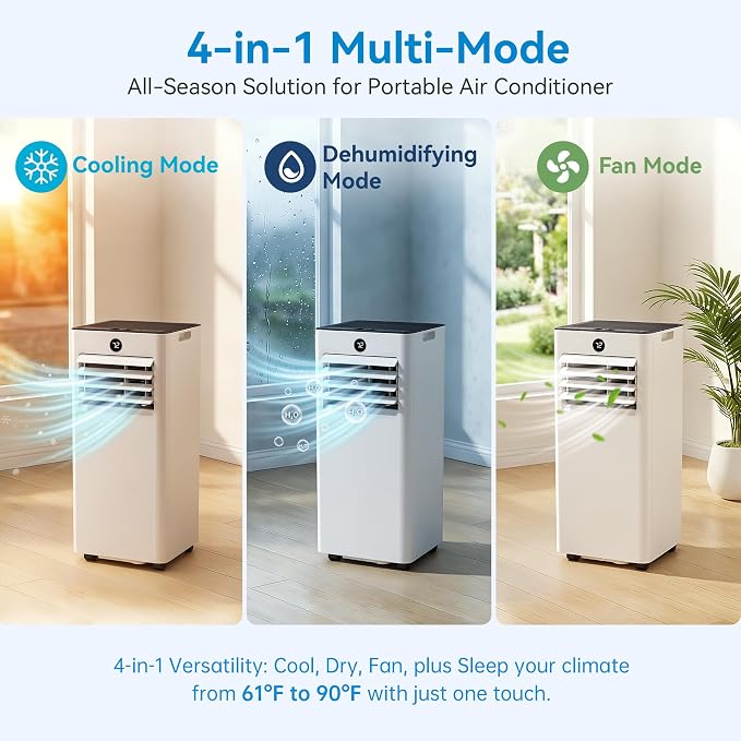 10,000 BTU Portable Air Conditioner, 4-in-1 AC Unit with Sleep, Cool, Dehumidifier & Fan, Cools up to 450 sq.ft, Remote