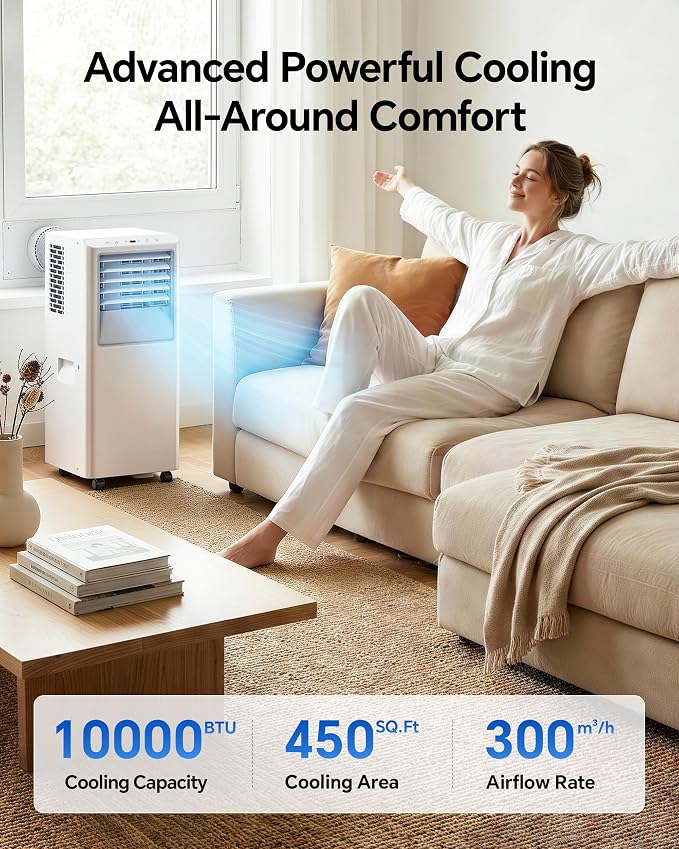 10,000 BTU Portable Air Conditioner - Cools Up to 450 Sq. Ft., 3-in-1 Portable AC Unit for Rooms with Remote Control, Sleep