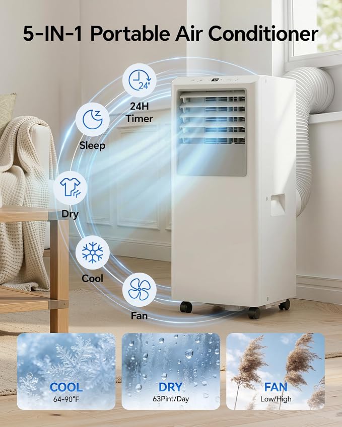 10,000 BTU Portable Air Conditioner - Cools Up to 450 Sq. Ft., 3-in-1 Portable AC Unit for Rooms with Remote Control, Sleep