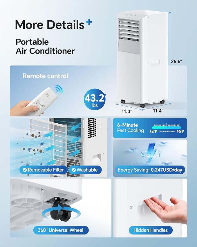 10,000 BTU Portable Air Conditioner - Cools Up to 450 Sq. Ft., 3-in-1 Portable AC Unit for Rooms with Remote Control, Sleep