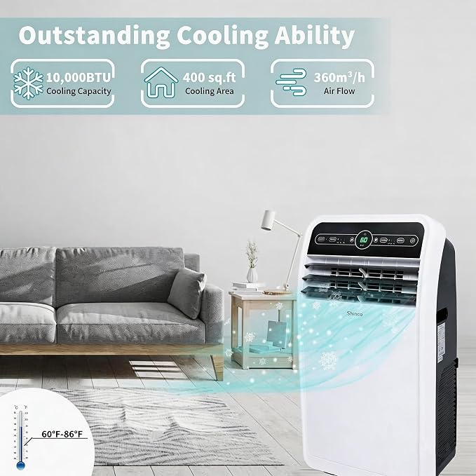 10,000 BTU Portable Air Conditioner, Portable AC Unit with Built-in Cool, Dehumidifier & Fan Modes for Room up to 400 sq.ft