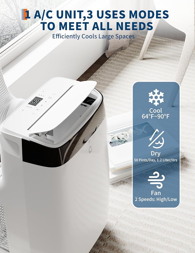 10,000 BTU Portable Air Conditioner with Dehumidifier & Fan, Cools Up to 450 Sq.Ft. Room Air Conditioner, Remote Control