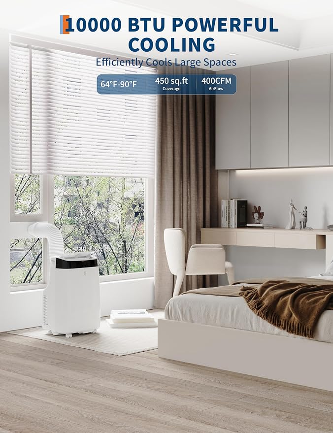 10,000 BTU Portable Air Conditioner with Dehumidifier & Fan, Cools Up to 450 Sq.Ft. Room Air Conditioner, Remote Control