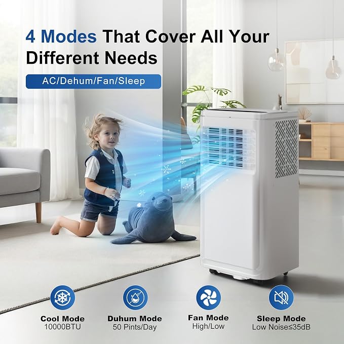 10,000 BTU Portable Air Conditioners, 4-in-1 Portable AC Units with Cooling, Fan & Dehumidifier and Sleep Mode, 24H Timer