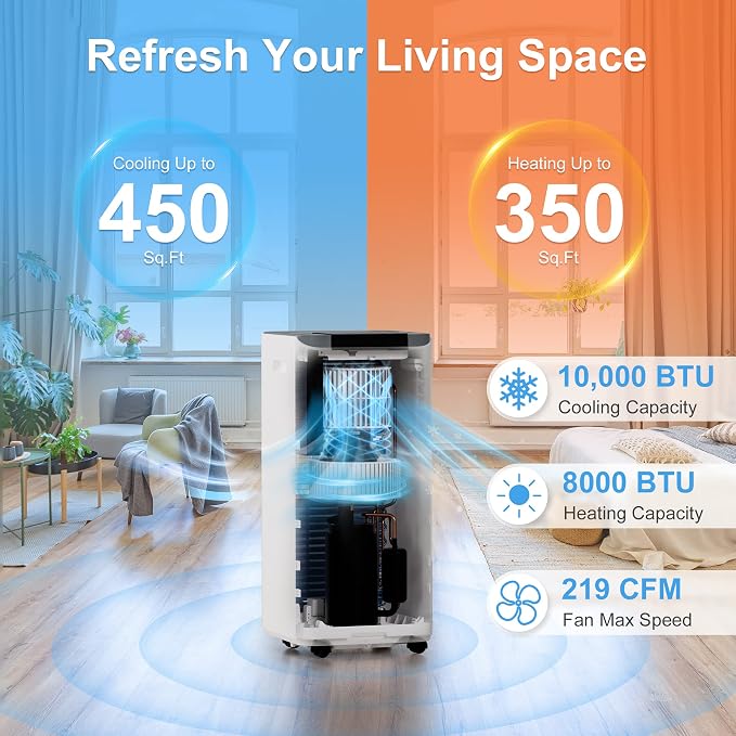 10,000 BTU Portable Air Conditioners for Room Up to 450 Sq.Ft, 4-in-1 Portable AC Unit, Heater, Dehumidifier & Fan with