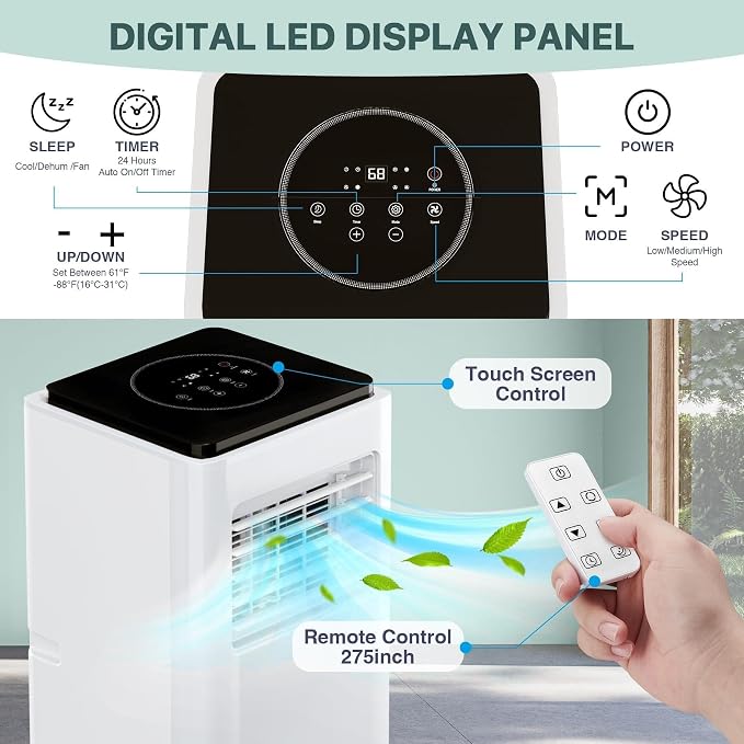 10,000 BTU Portable Air Conditioners, Ultra Quiet Cooling Fan Dehumidifier with 24H Timer & Remote, alternate product view 5