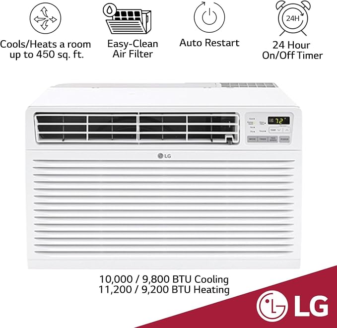 10,000BTU Through the Wall Air Conditioner with Supplemental Heat, 230V, AC Wall Unit for Rooms up to 450 Sq.Ft. (18' x 25'