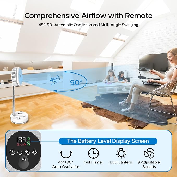 10.43'' Portable Pedestal Standing Fan, 40000mAh 106hrs Rechargeable Oscillating Fan with Remote/1-8H Timer, RGB Lighting