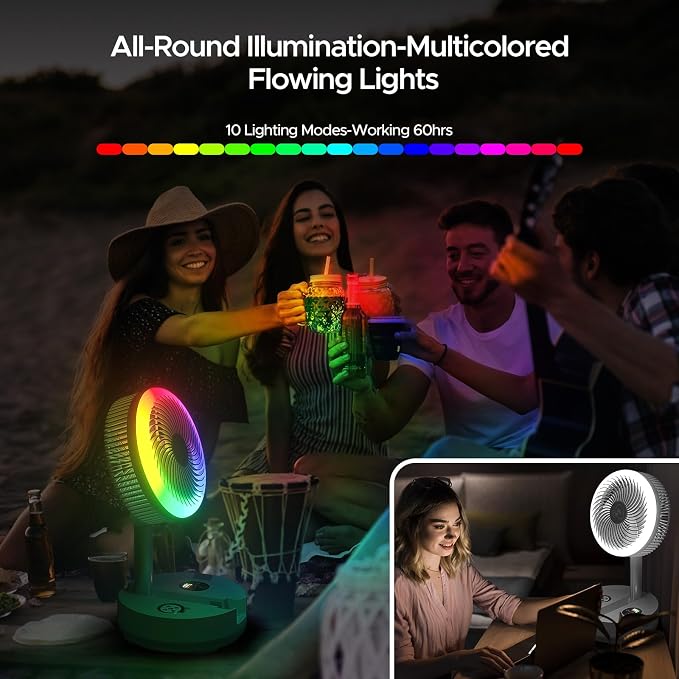 10.43'' Portable Pedestal Standing Fan, 40000mAh 106hrs Rechargeable Oscillating Fan with Remote/1-8H Timer, RGB Lighting