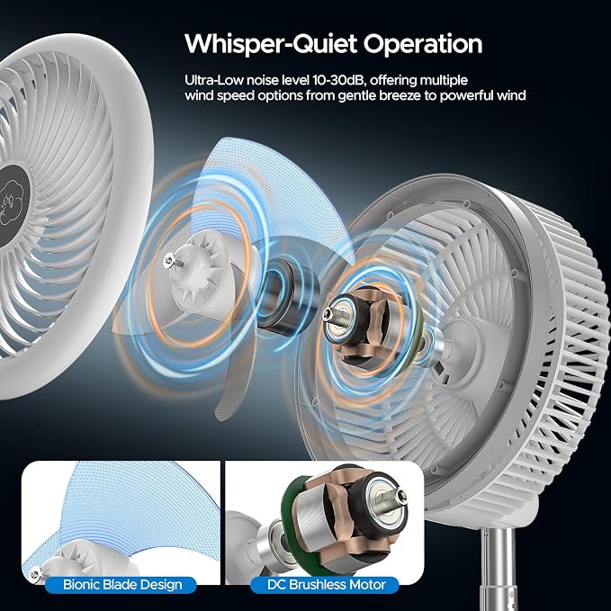 10.43'' Portable Pedestal Standing Fan, 40000mAh 106hrs Rechargeable Oscillating Fan with Remote/1-8H Timer, RGB Lighting