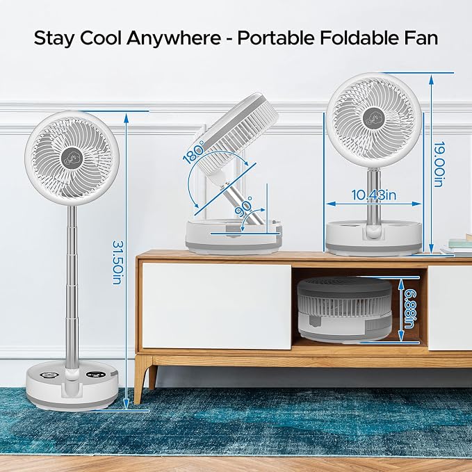 10.43'' Portable Pedestal Standing Fan, 40000mAh 106hrs Rechargeable Oscillating Fan with Remote/1-8H Timer, RGB Lighting